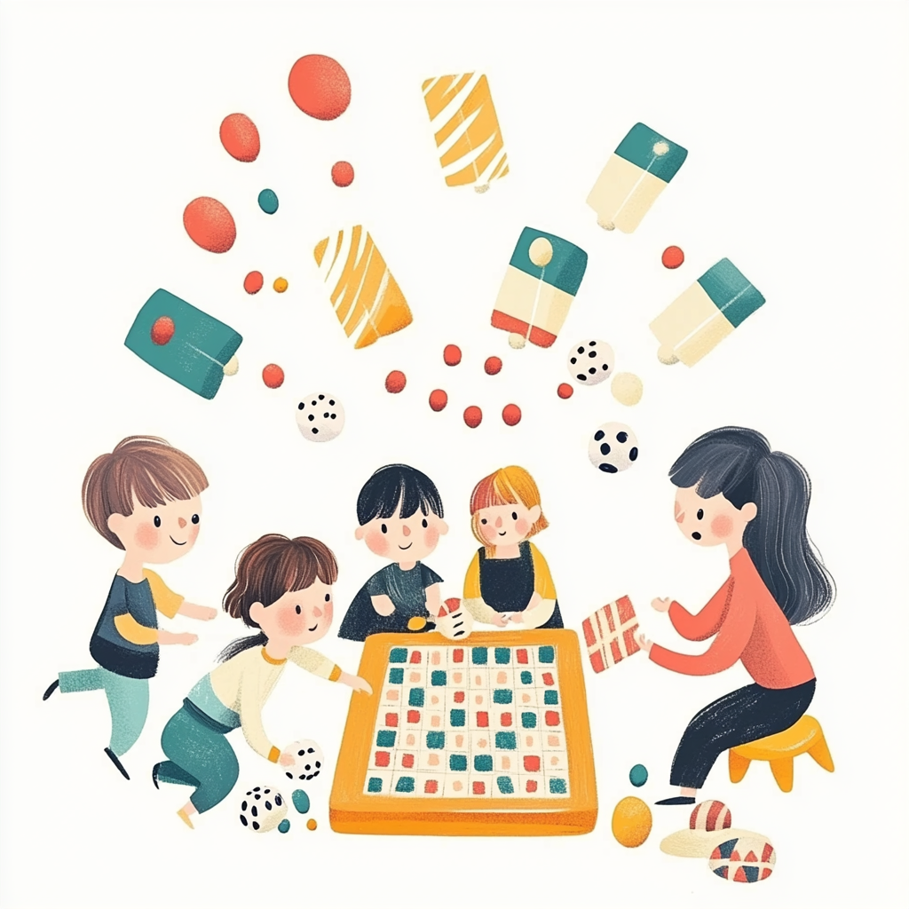 A colorful illustration of people playing games and crafting