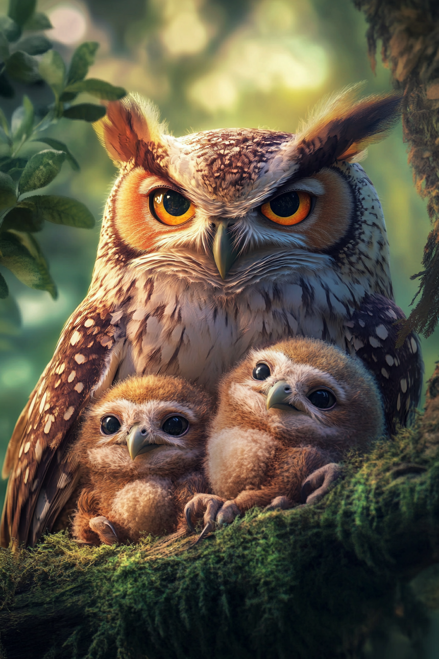 A colorful owl protecting her colorful owl babies.