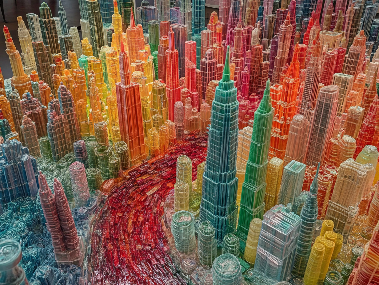 A colorful plastic city with tall towers and river