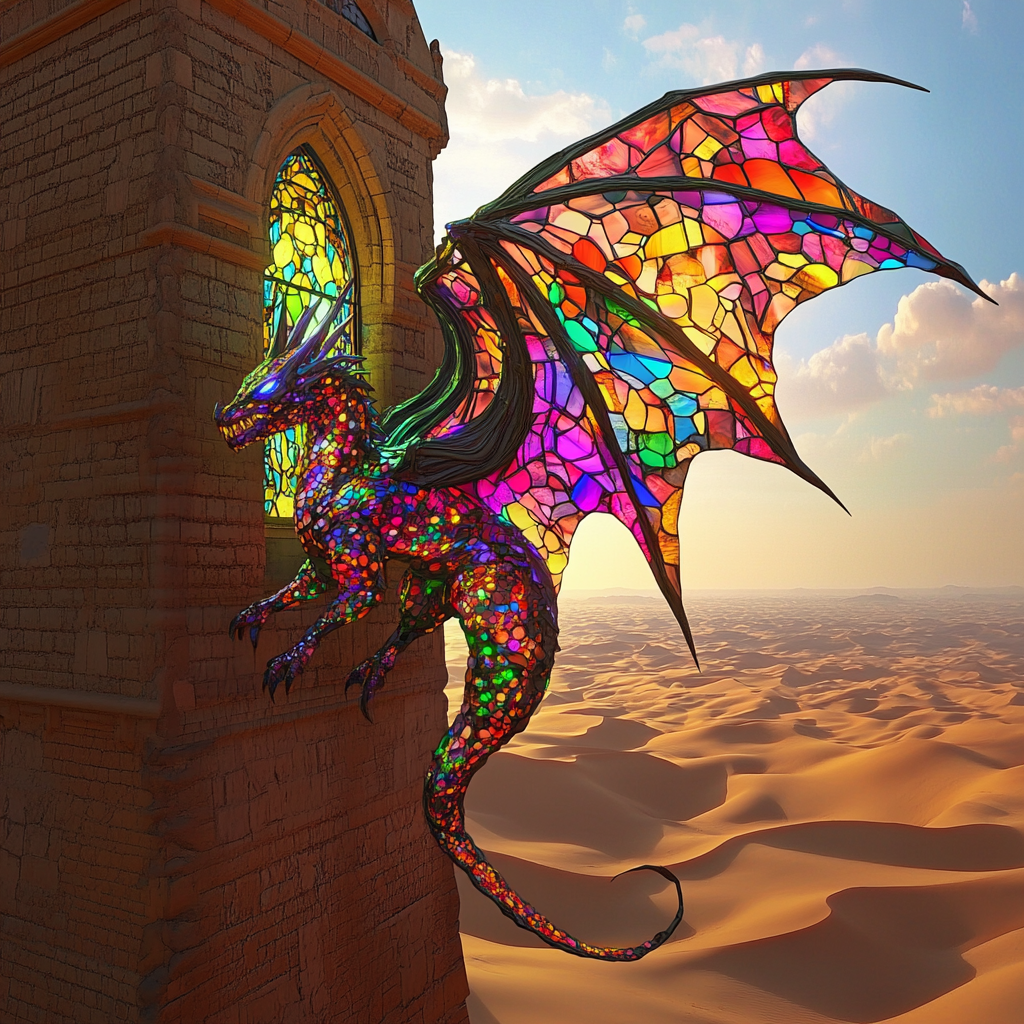 A colorful stained glass dragon on church tower.