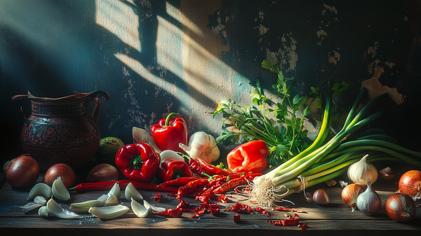 A colorful table with vegetables and garlic