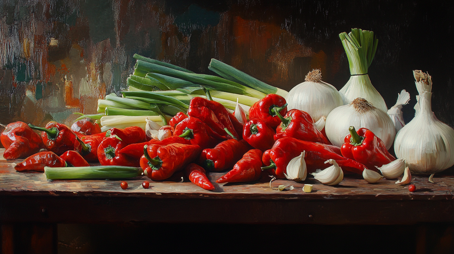 A colorful table with vegetables in van gogh style