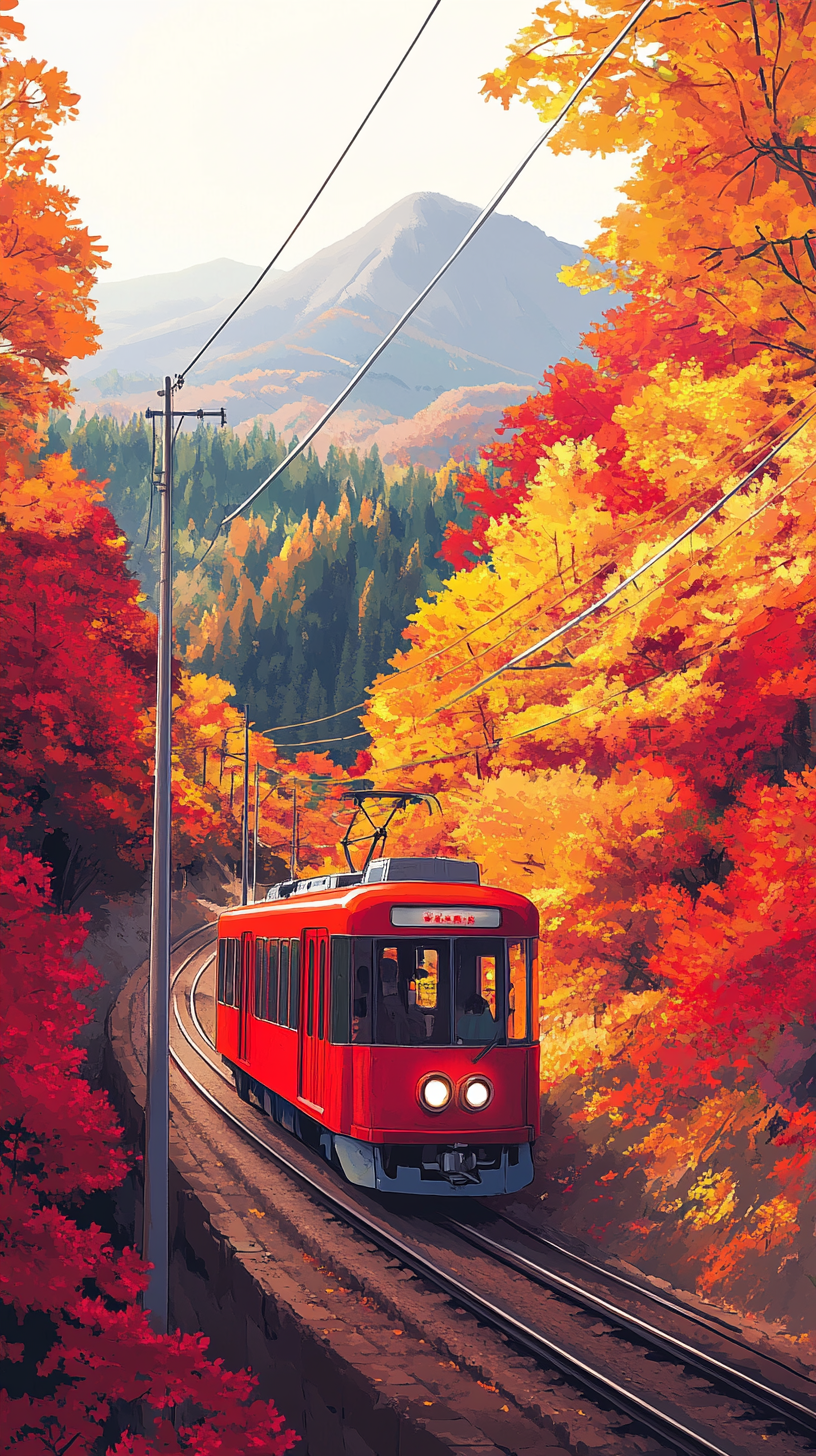 A colorful train travels through autumn mountain landscape