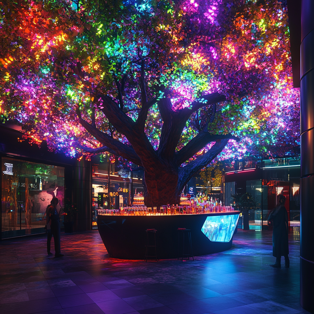 A colorful tree with glowing lights in mall.