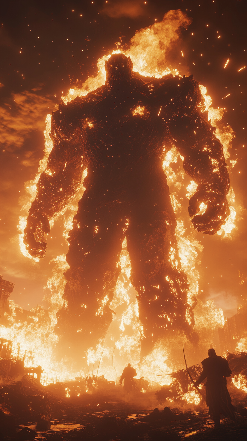 A colossal fire giant dominates an epic battlefield