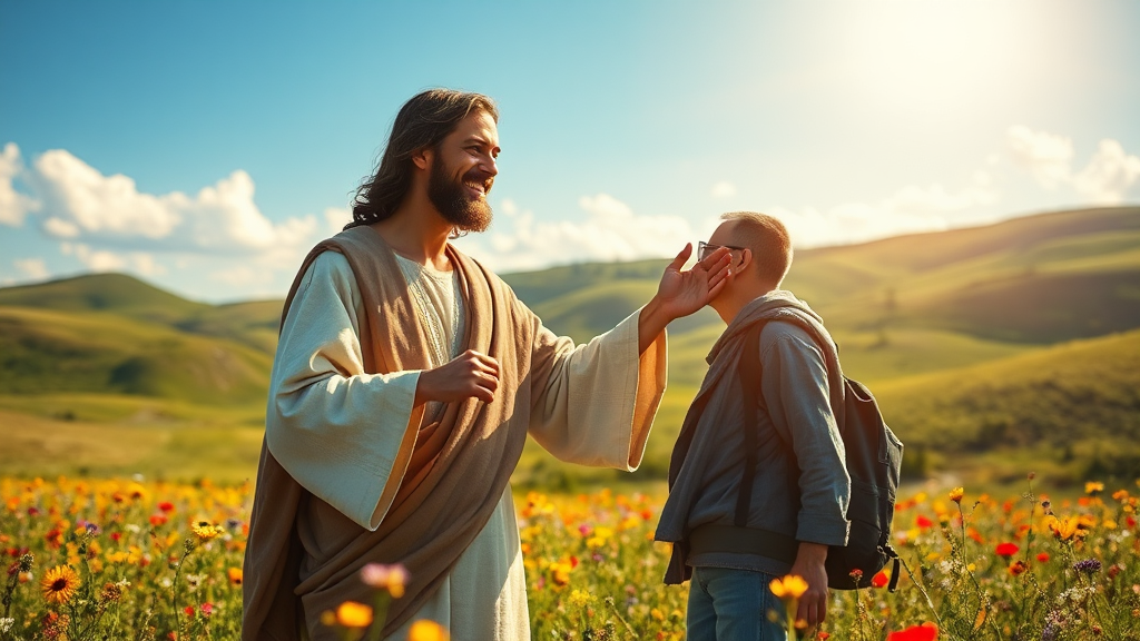 A comforting encounter with Jesus in a sunlit field.