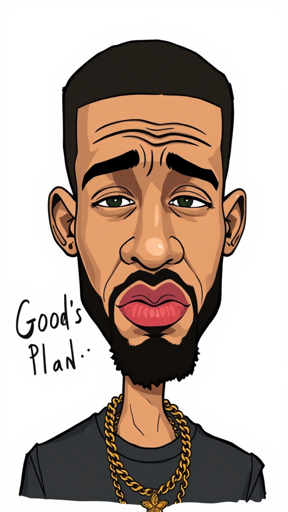 A comical drawing of Drake with God's Plan slogan.