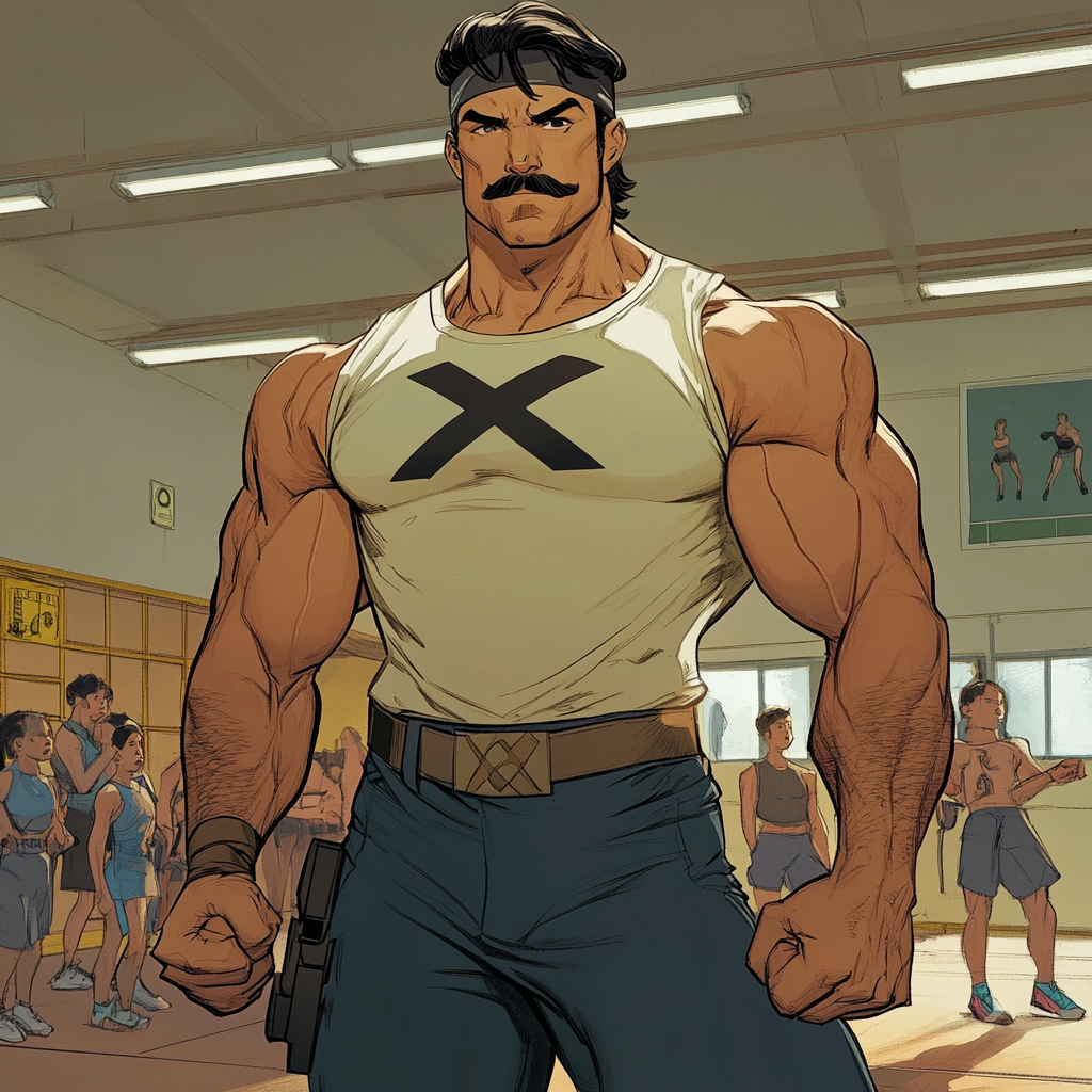 A confident Italian-American superhero coach in gym attire