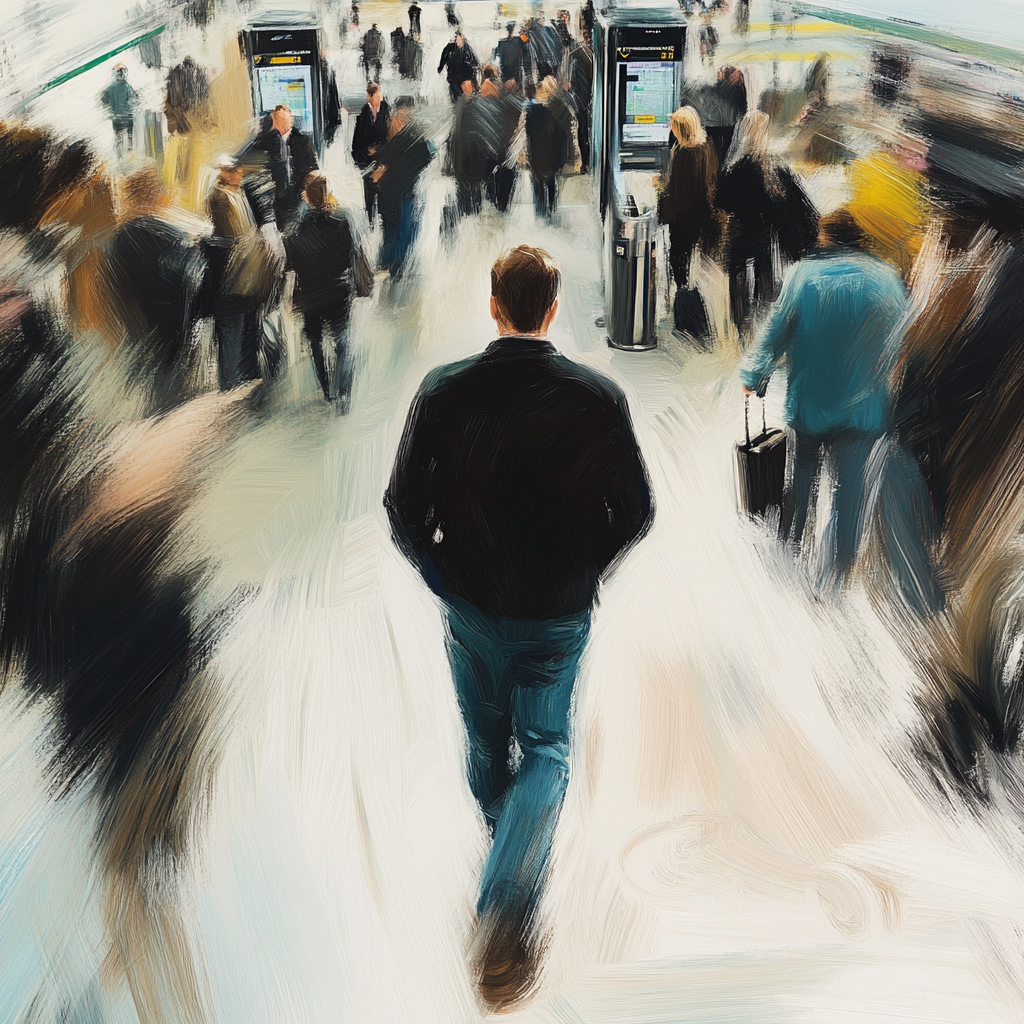 A confident man walks through crowded airport