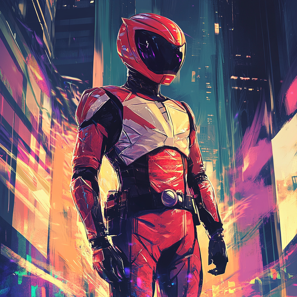 A confident red Power Ranger in vibrant city.