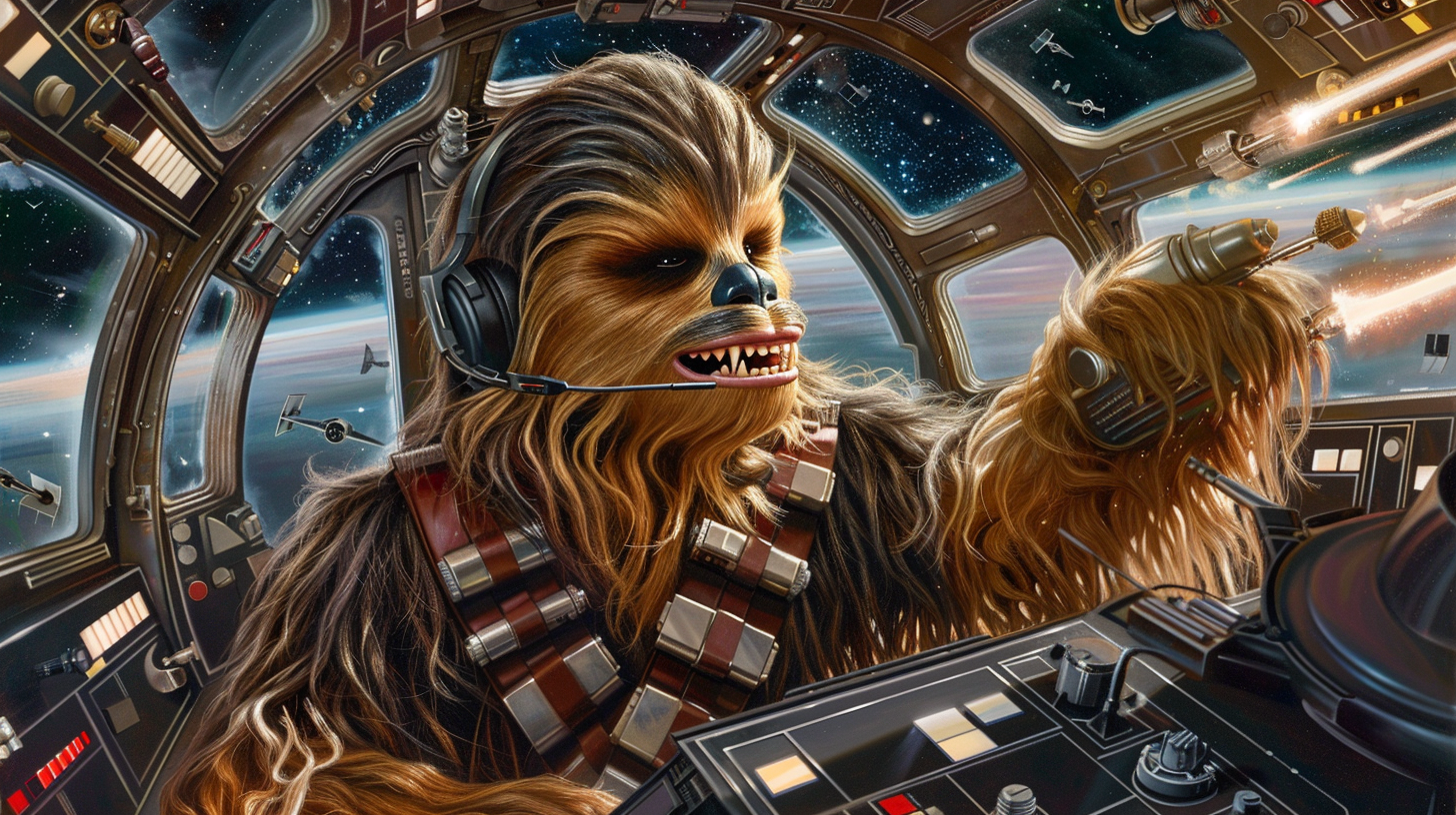 A confident wookie pilot in space battle