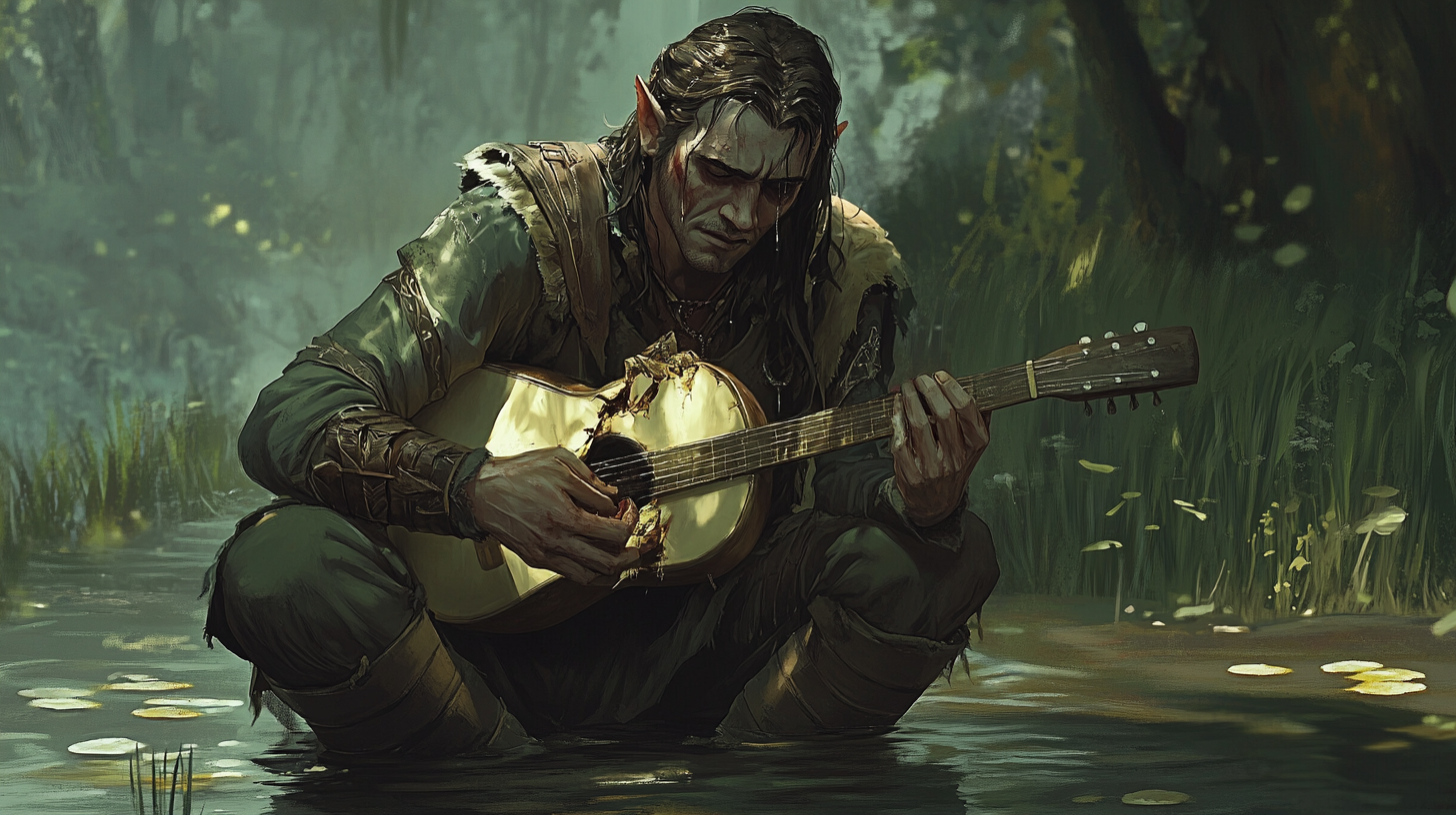 A confused male elf bard cries over broken lute.