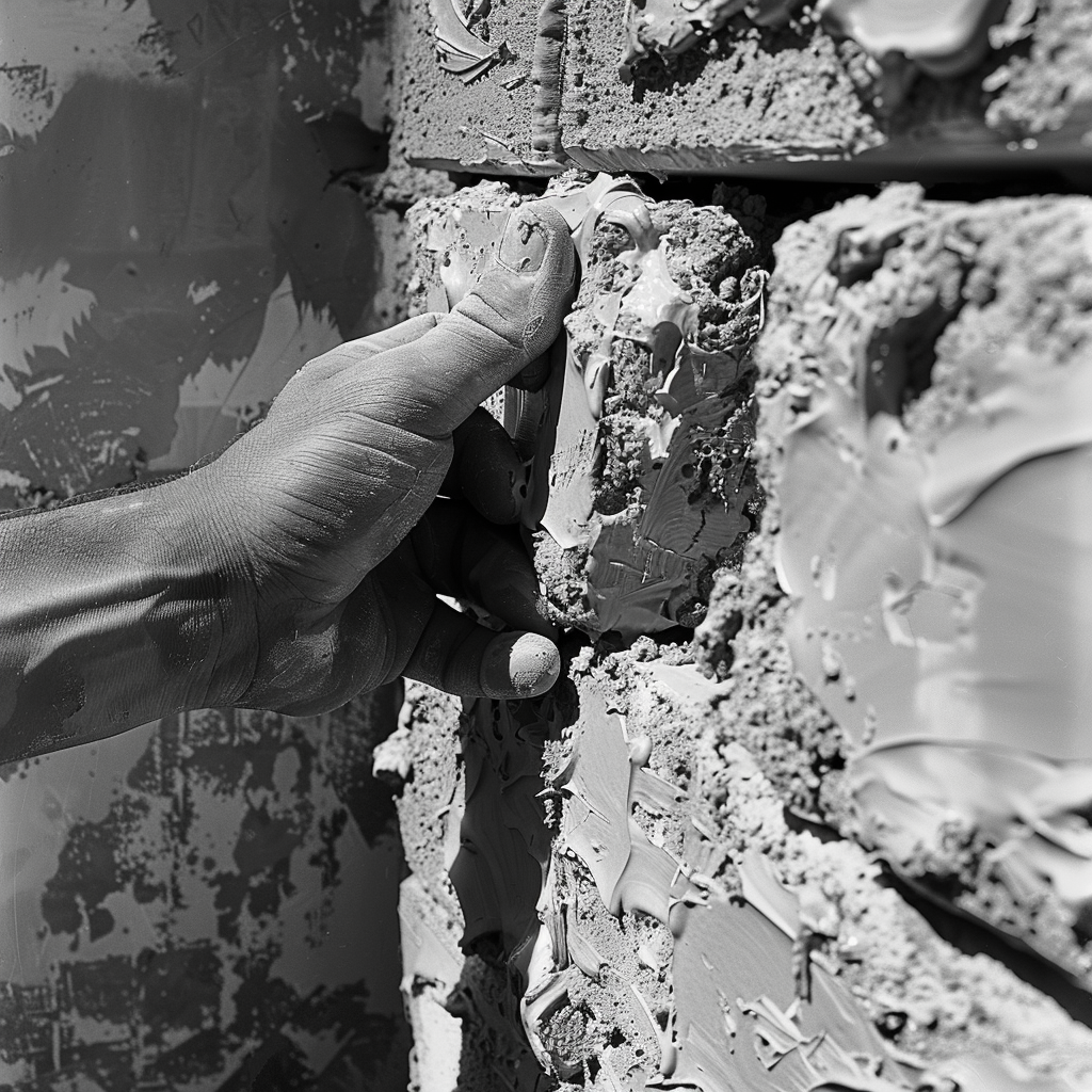 A construction worker placing brick on wall