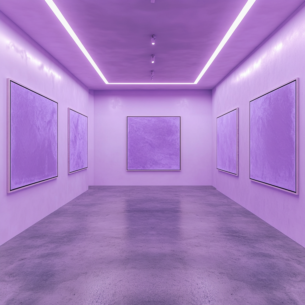 A contemporary art gallery with light purple tones.