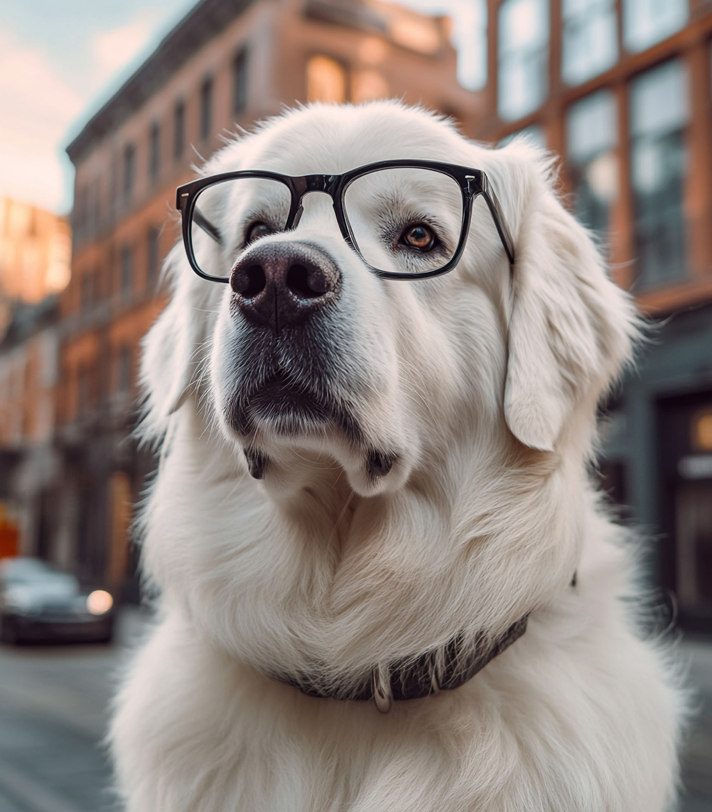 A cool Alabai dog wearing sunglasses on street.