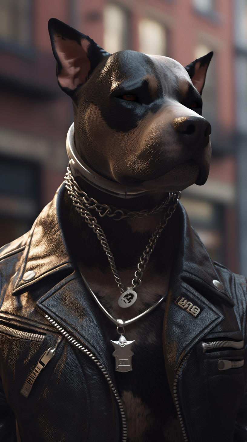 A cool dog in leather jacket and sunglasses.