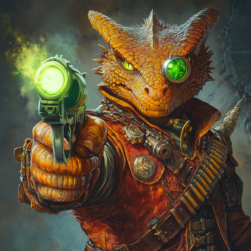 A copper dragonborn gunslinger with magic guns and shield