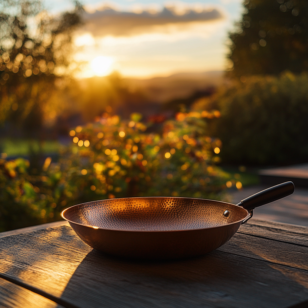 A copper pan with a matte effect in the evening light on a terrace