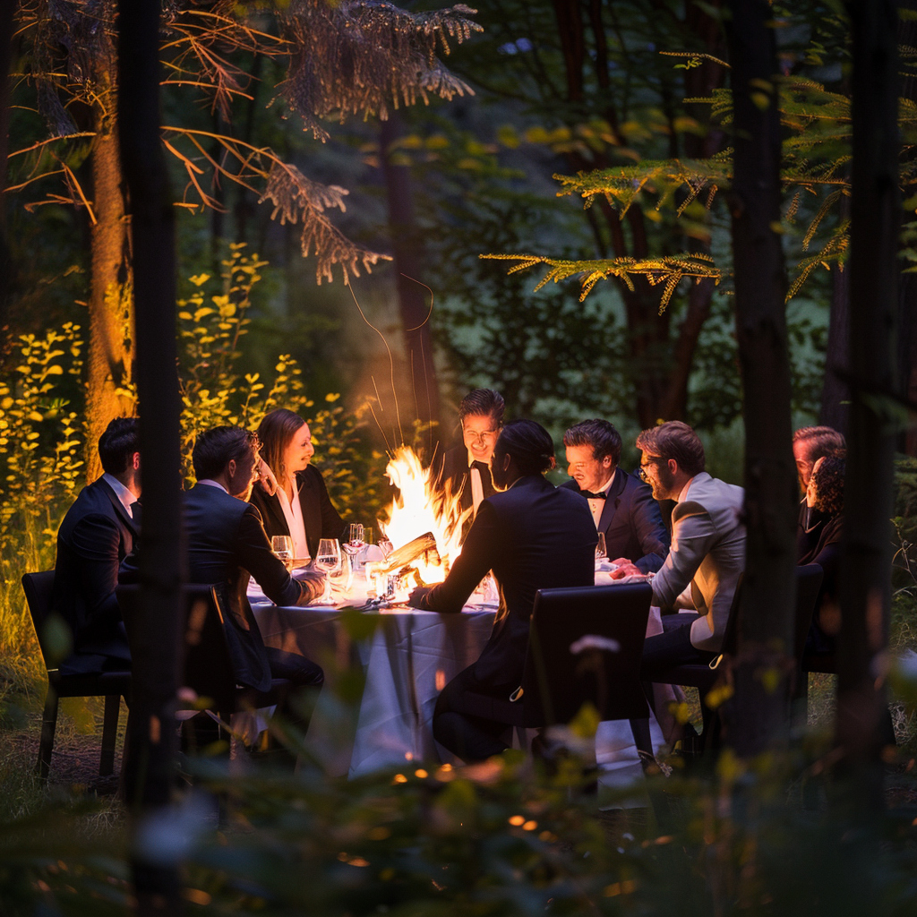 A corporate team around cozy forest bonfire