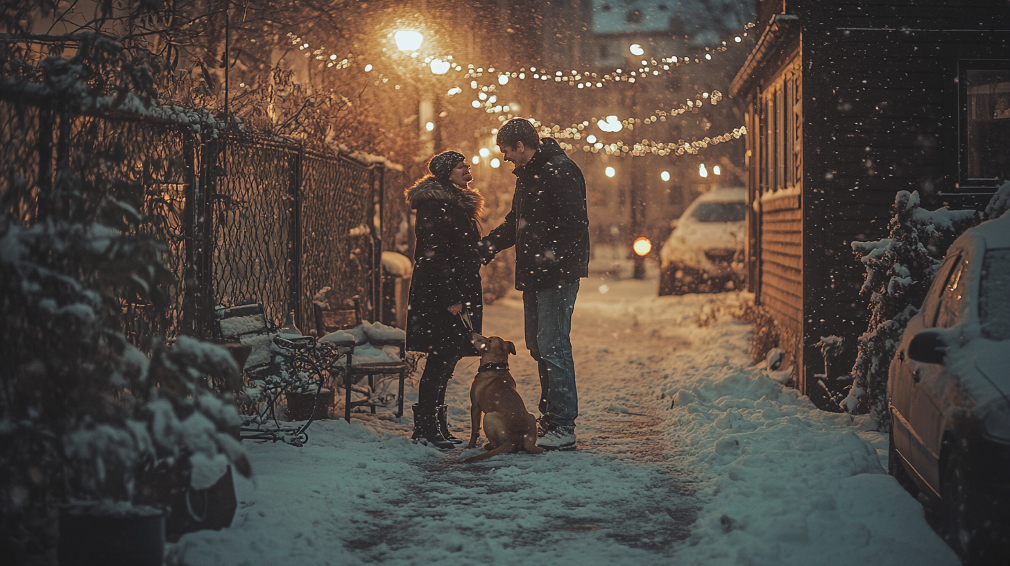 A couple finds their dogs in snowy garden.