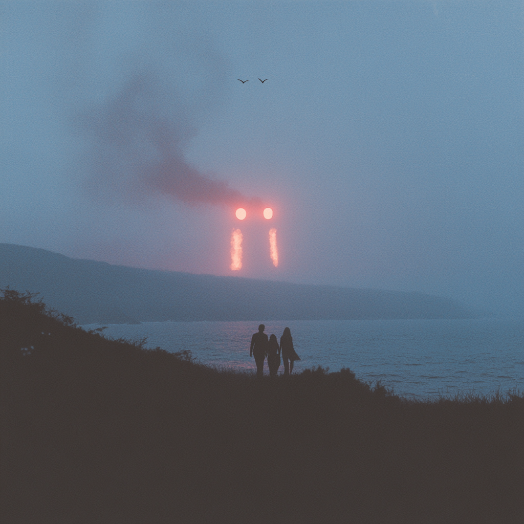 A couple in danger walking toward flames. Love theme.