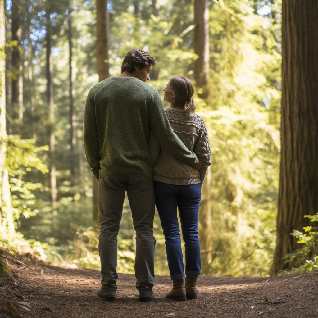 A couple in forest admiring nature together