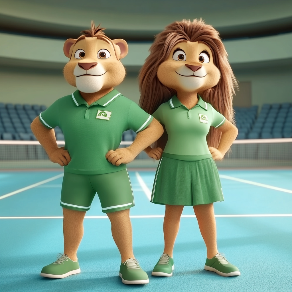 A couple of lions play doubles tennis.