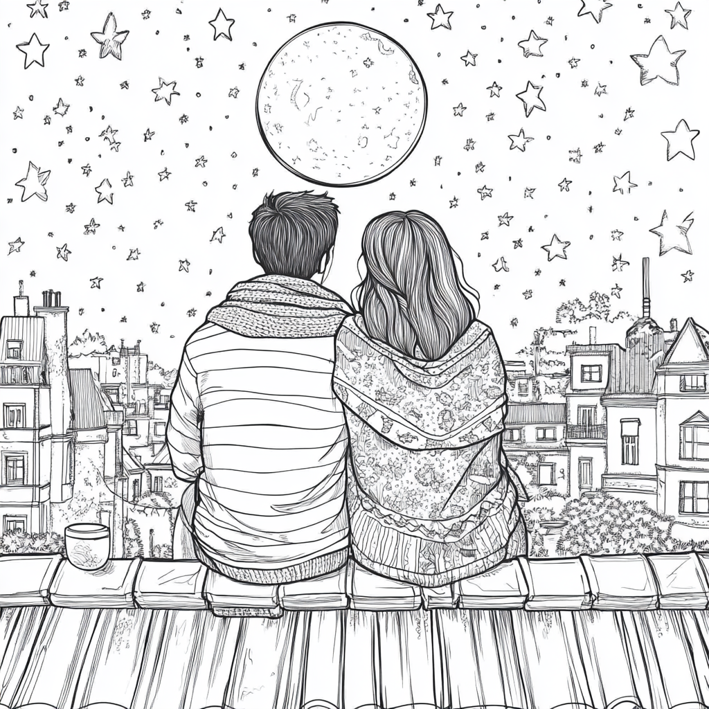 A couple sits on roof under stars, coloring book