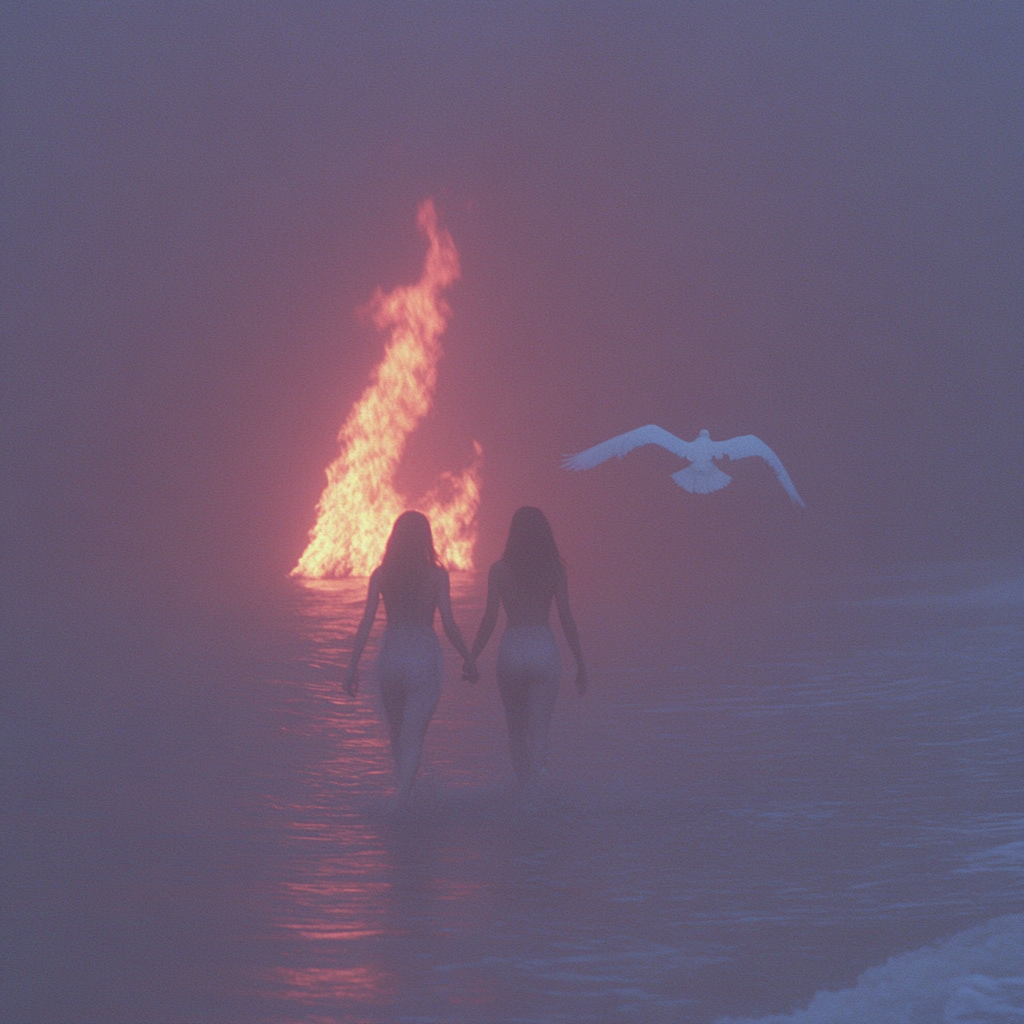 A couple walks to fire in sea at sunset.