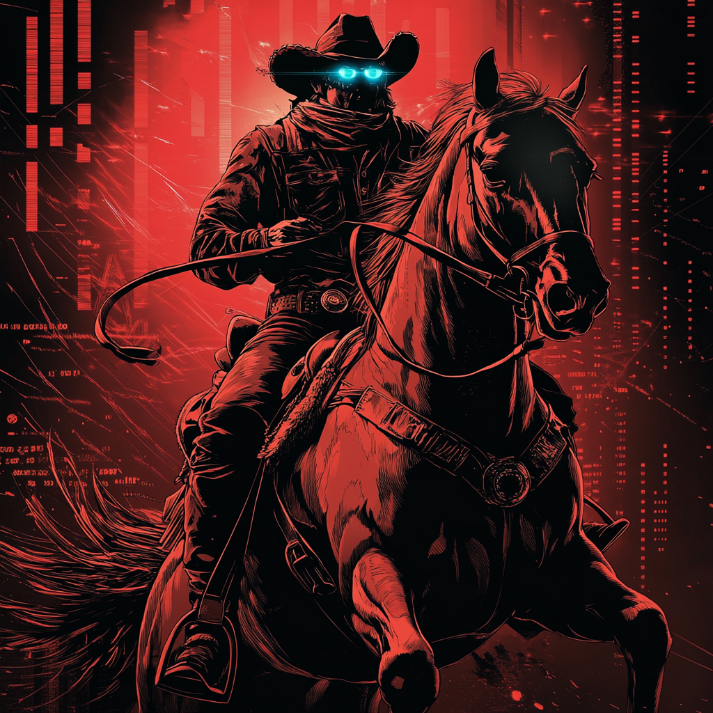 A cowboy on a rearing horse in red shadows.