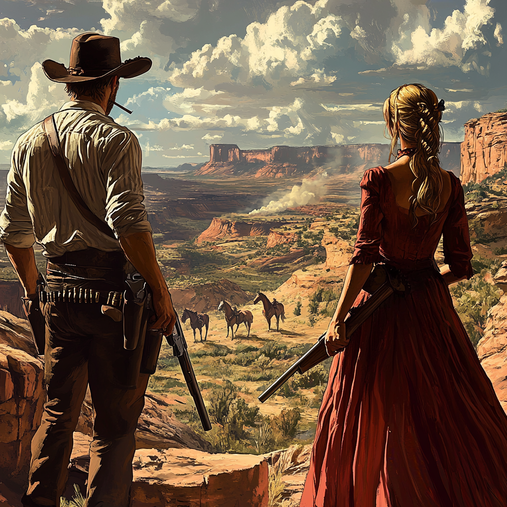 A cowboy with a rifle, woman, canyon, horses.