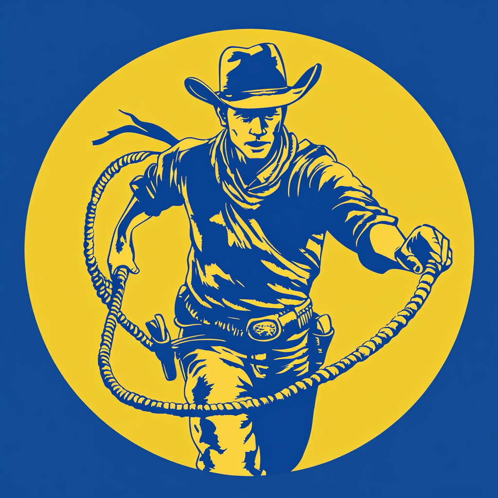 A cowboy with lasso and hat on logo