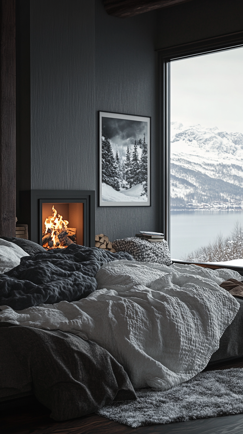 A cozy, modern bedroom with snowy fjord view.