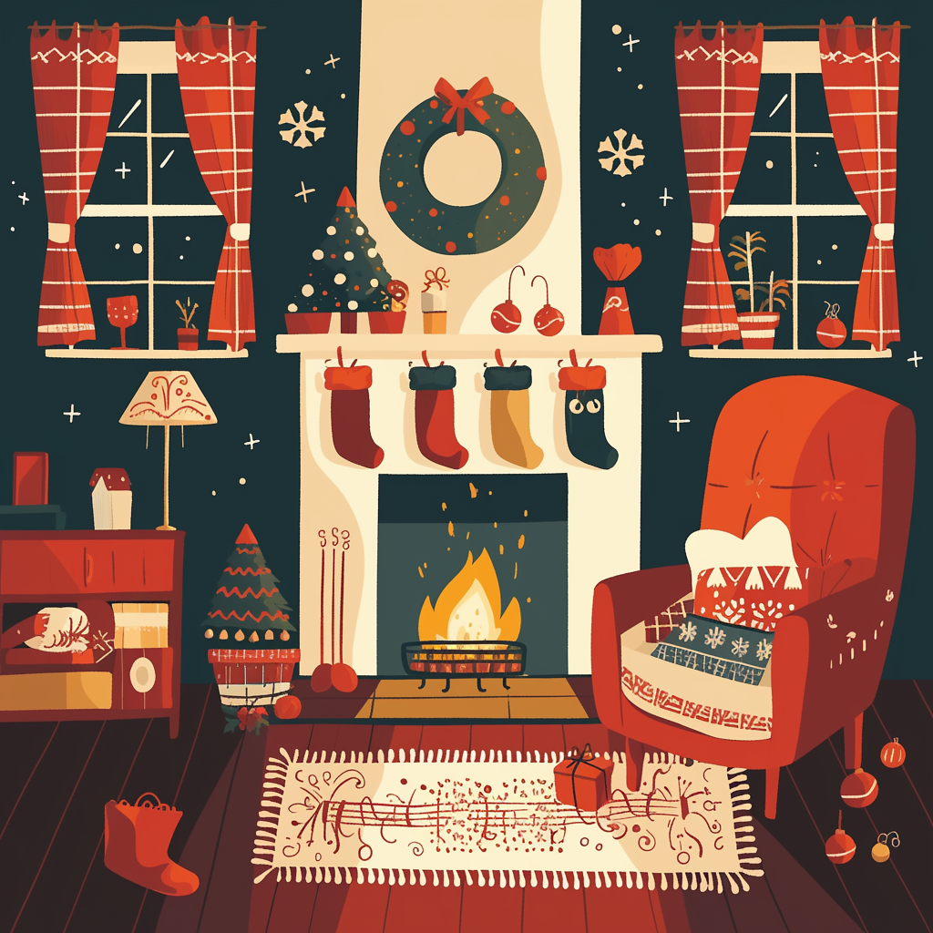 A cozy Christmas living room with fire