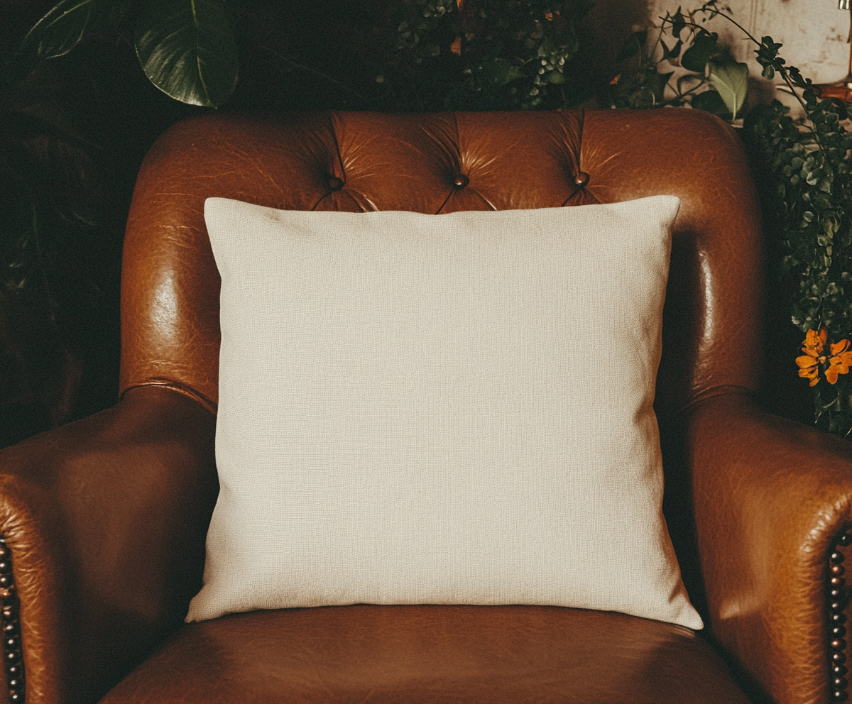 A cozy Christmas pillow on leather couch.