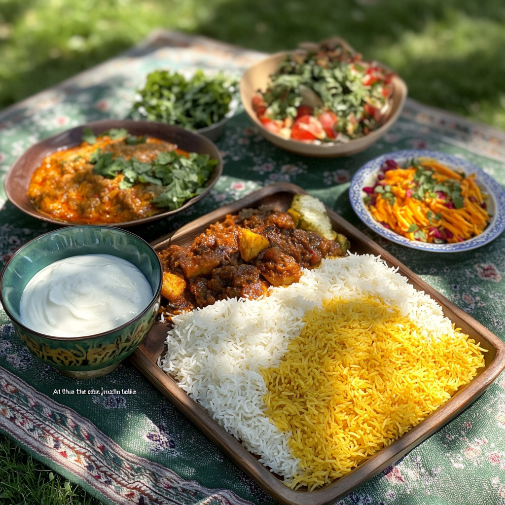 A cozy Iranian lunch table on green lawn