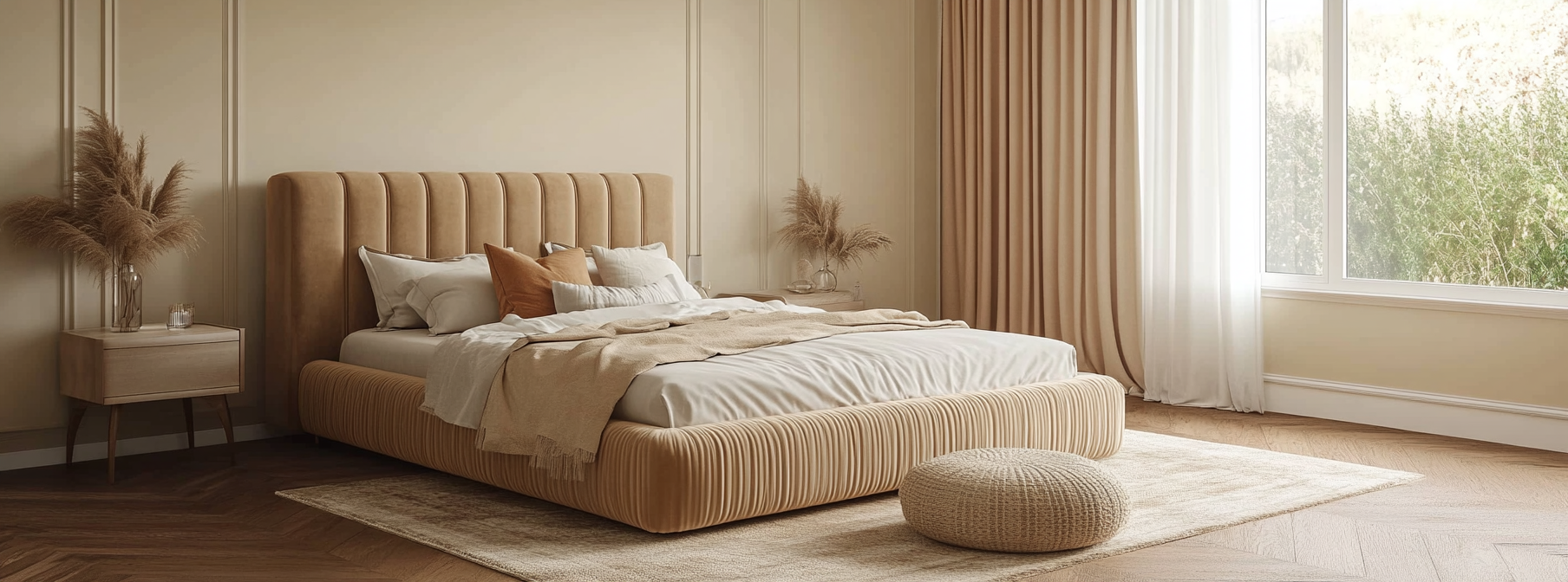 A cozy bedroom with beige bed and wooden floors.