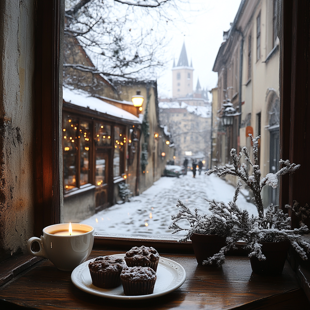 A cozy cafe with coffee, muffins, candle, snowy view.