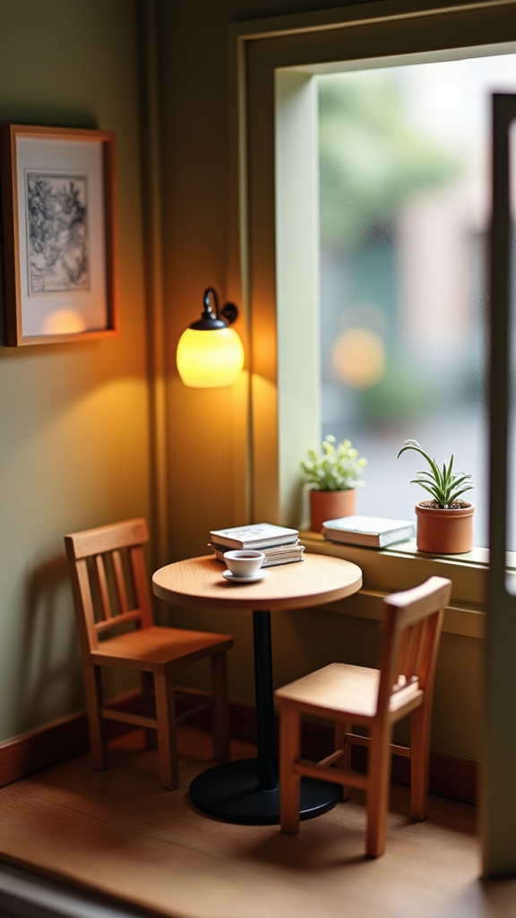 A cozy coffee shop corner with books and coffee.