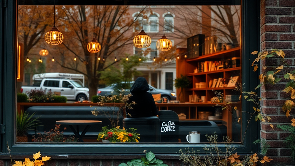 A cozy fall coffee shop with a show