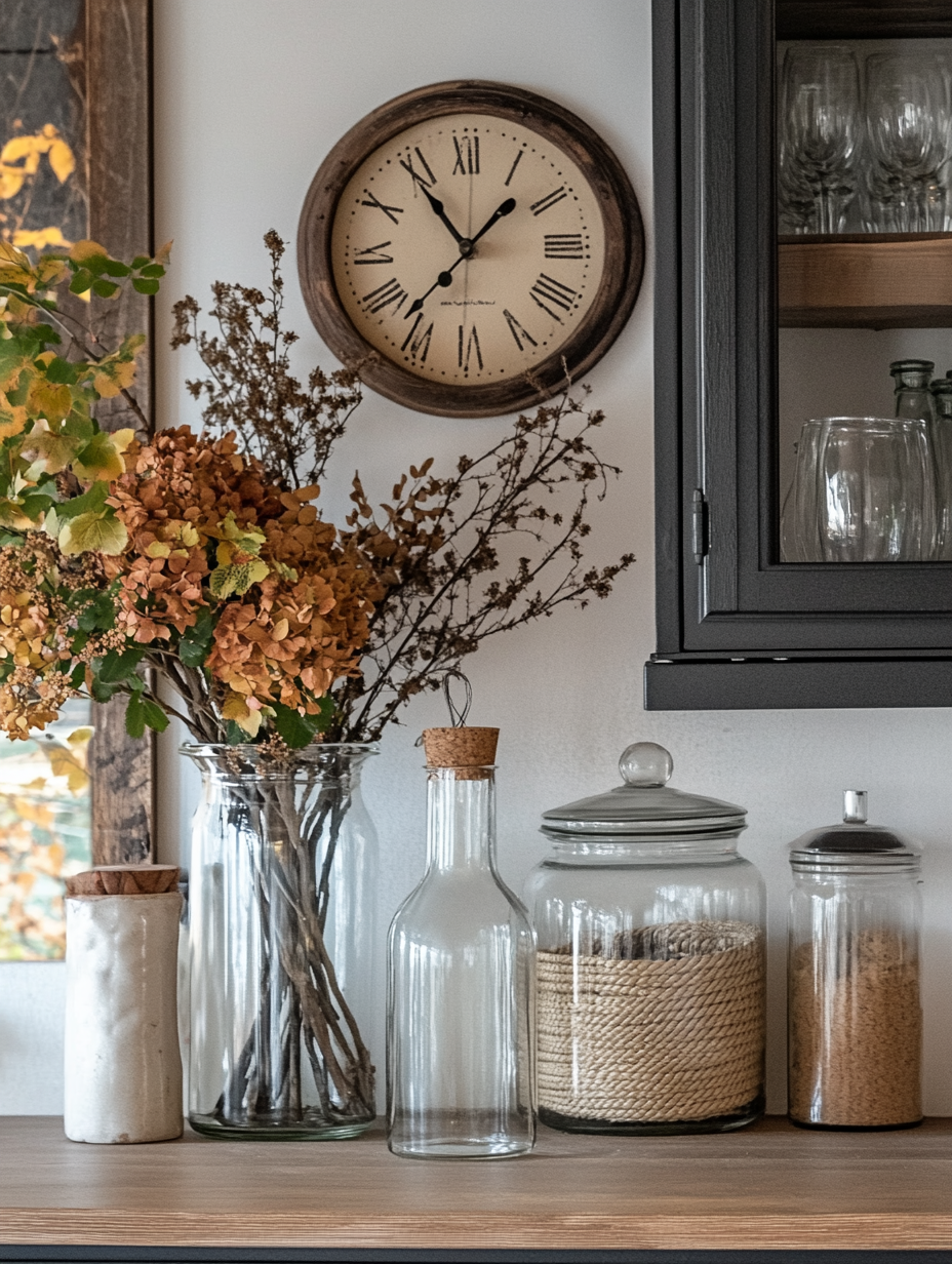 A cozy fall kitchen shelf with old clock.