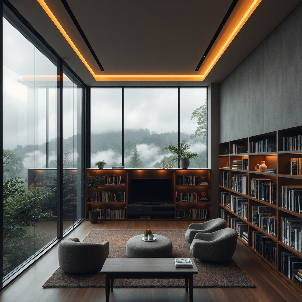 A cozy home library with realistic nature view