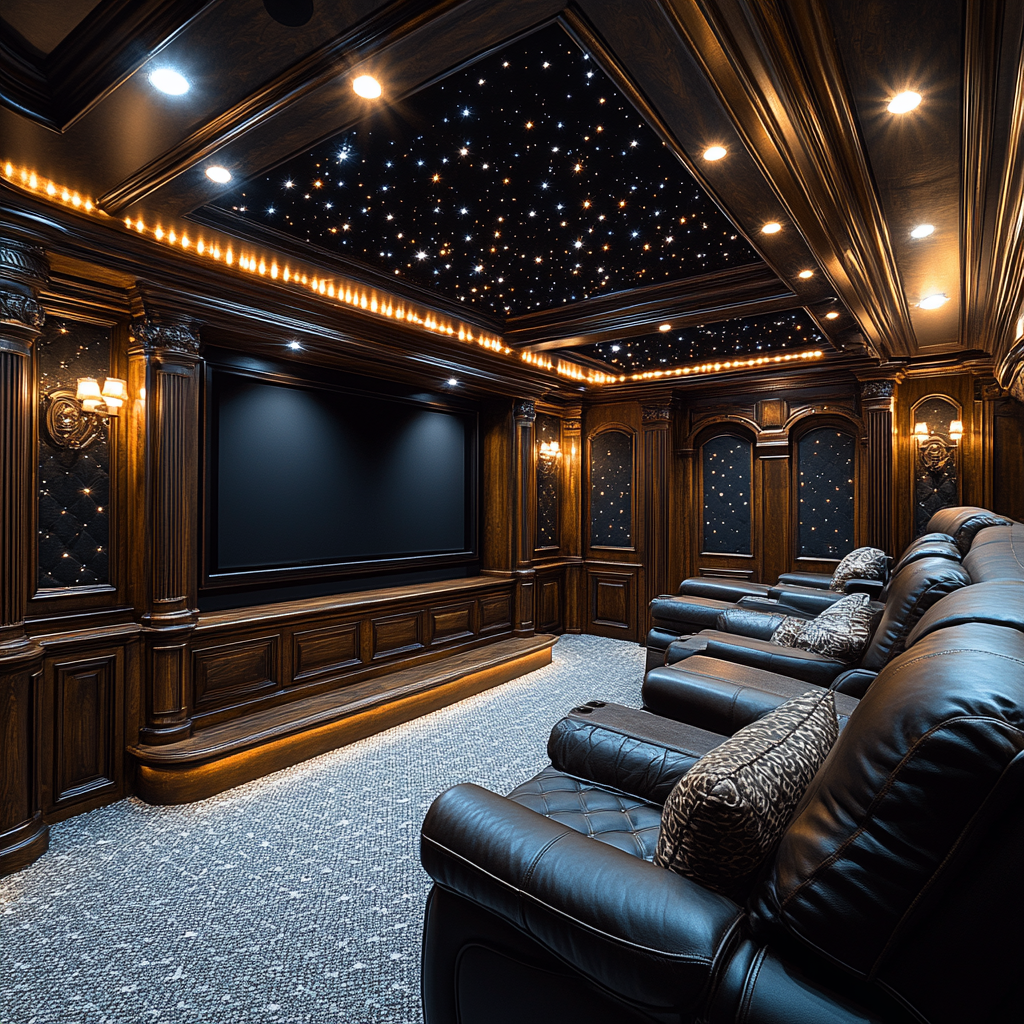 A cozy home theater with projector, star ceiling