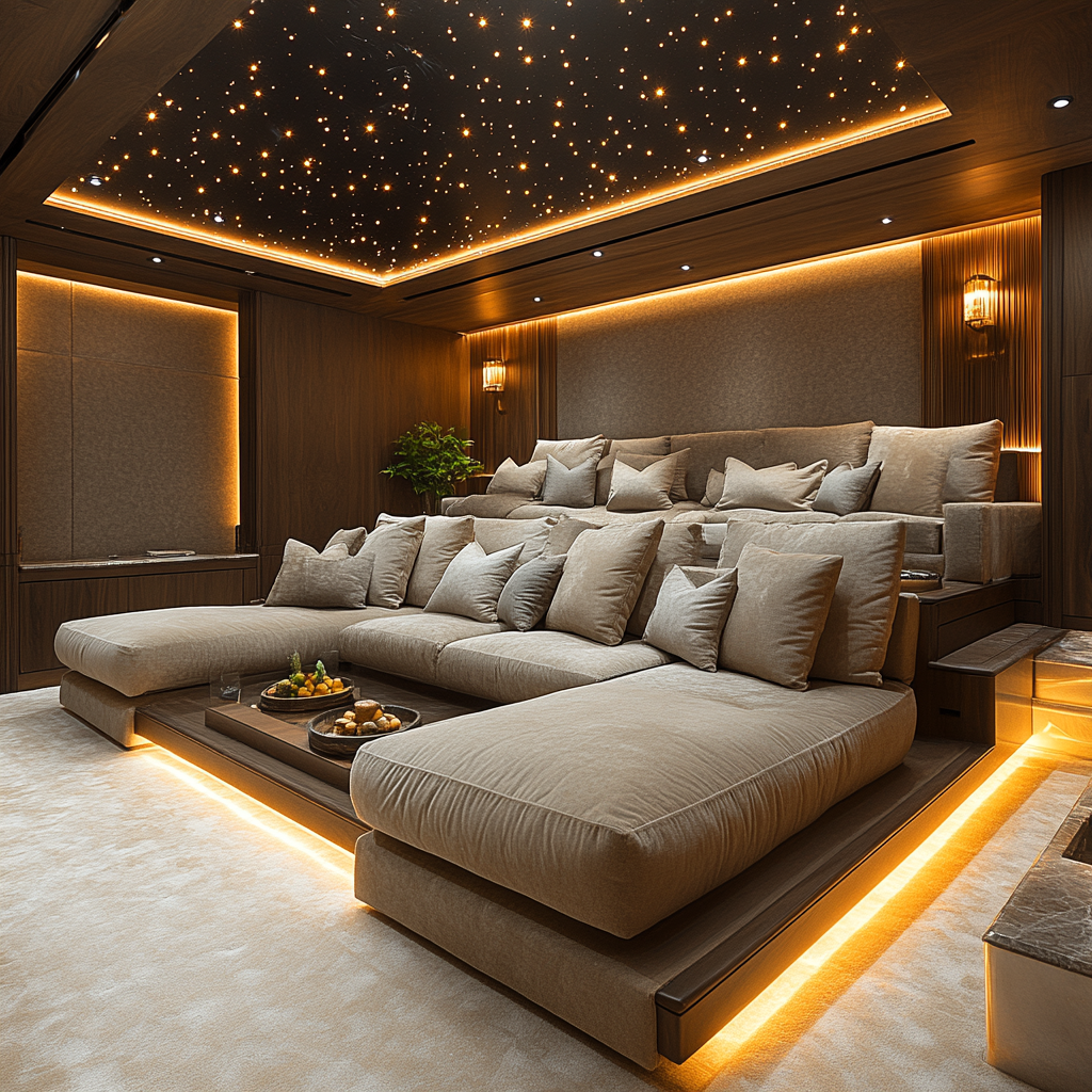 A cozy home theater with star ceiling and seating