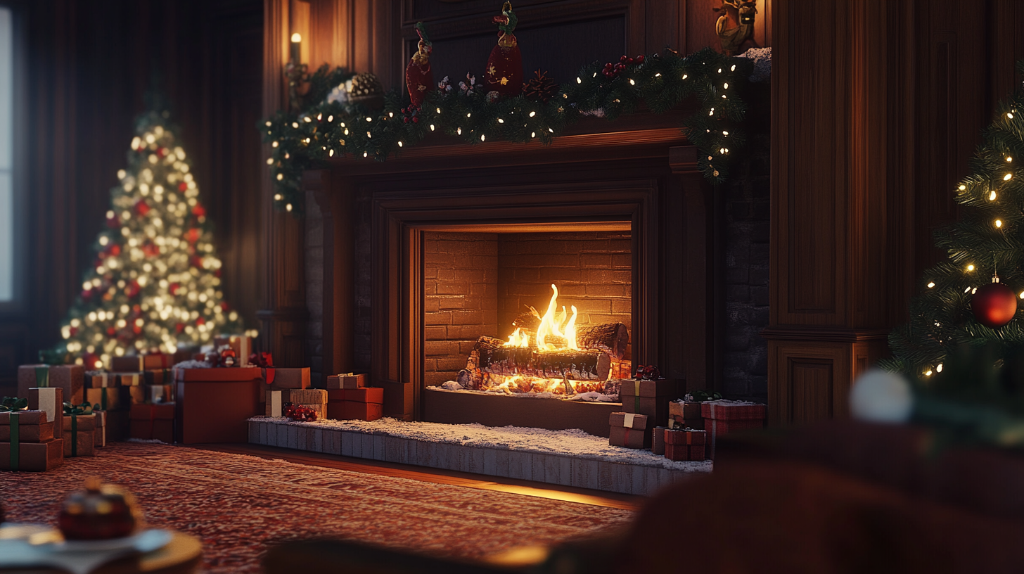 A cozy living room decorated for Christmas with fireplace