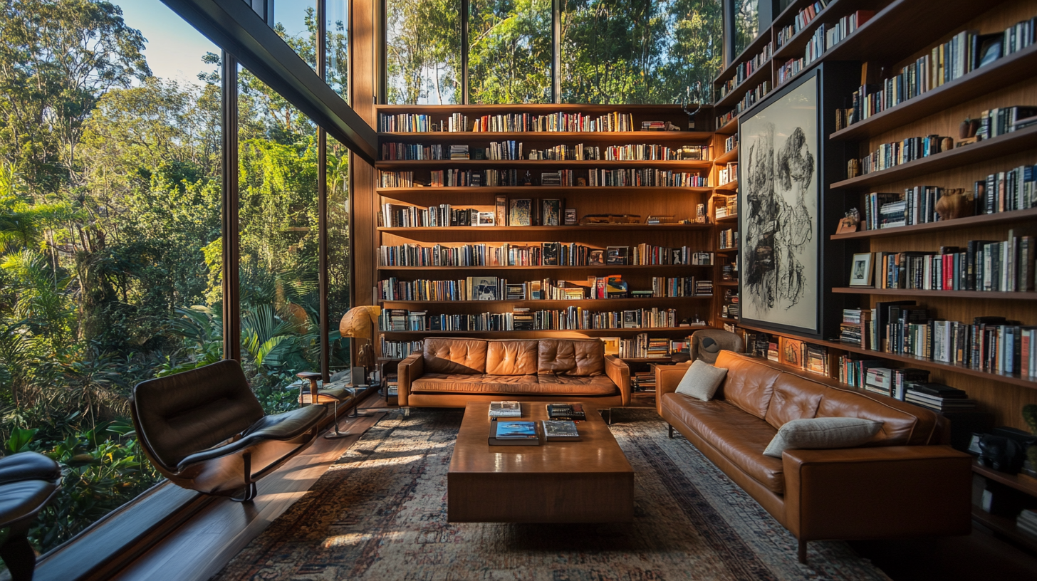 A cozy living room with books, art and nature.