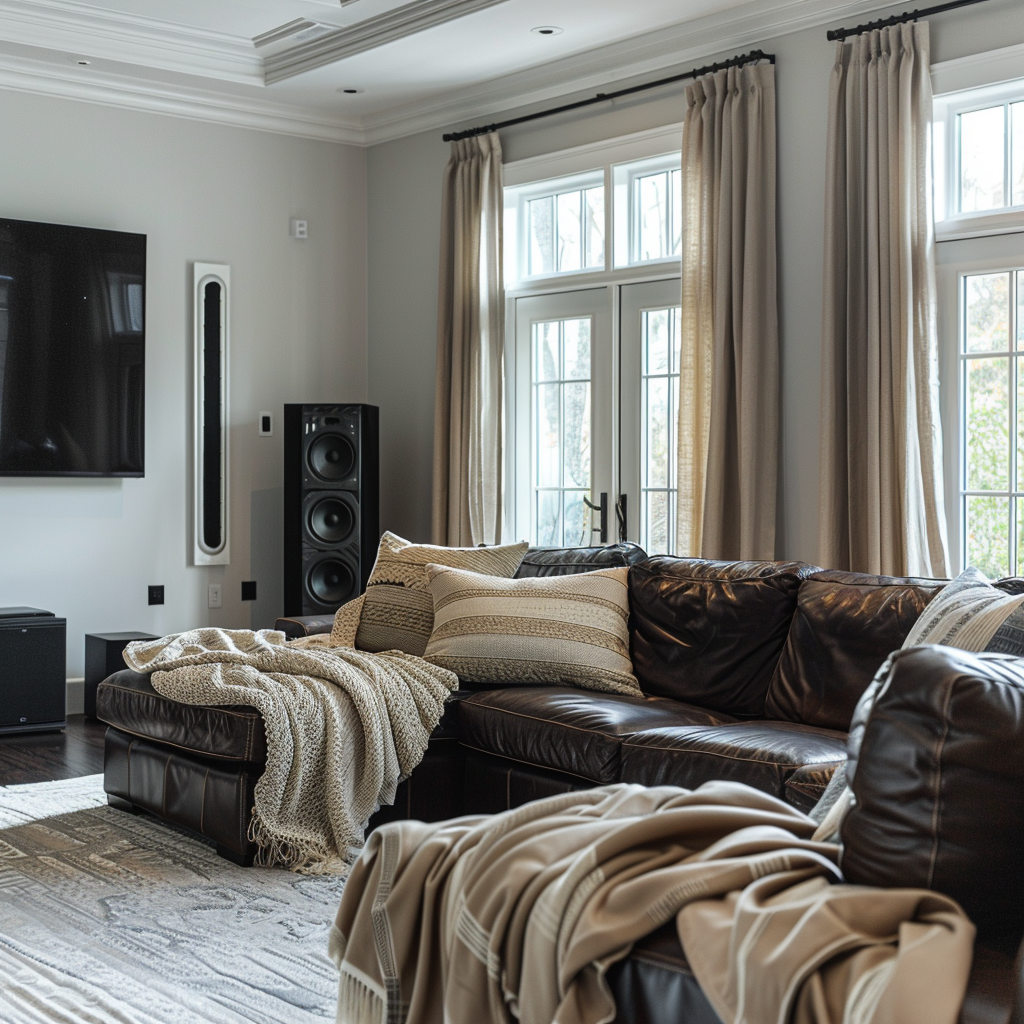 A cozy living room with dark brown furniture