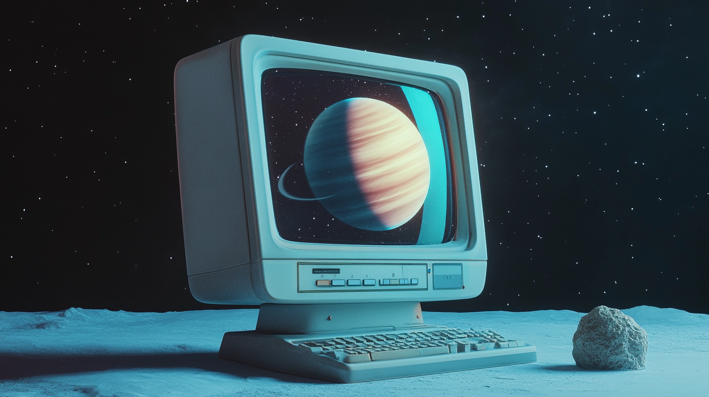 A cozy old computer with Saturn in a dreamy space.