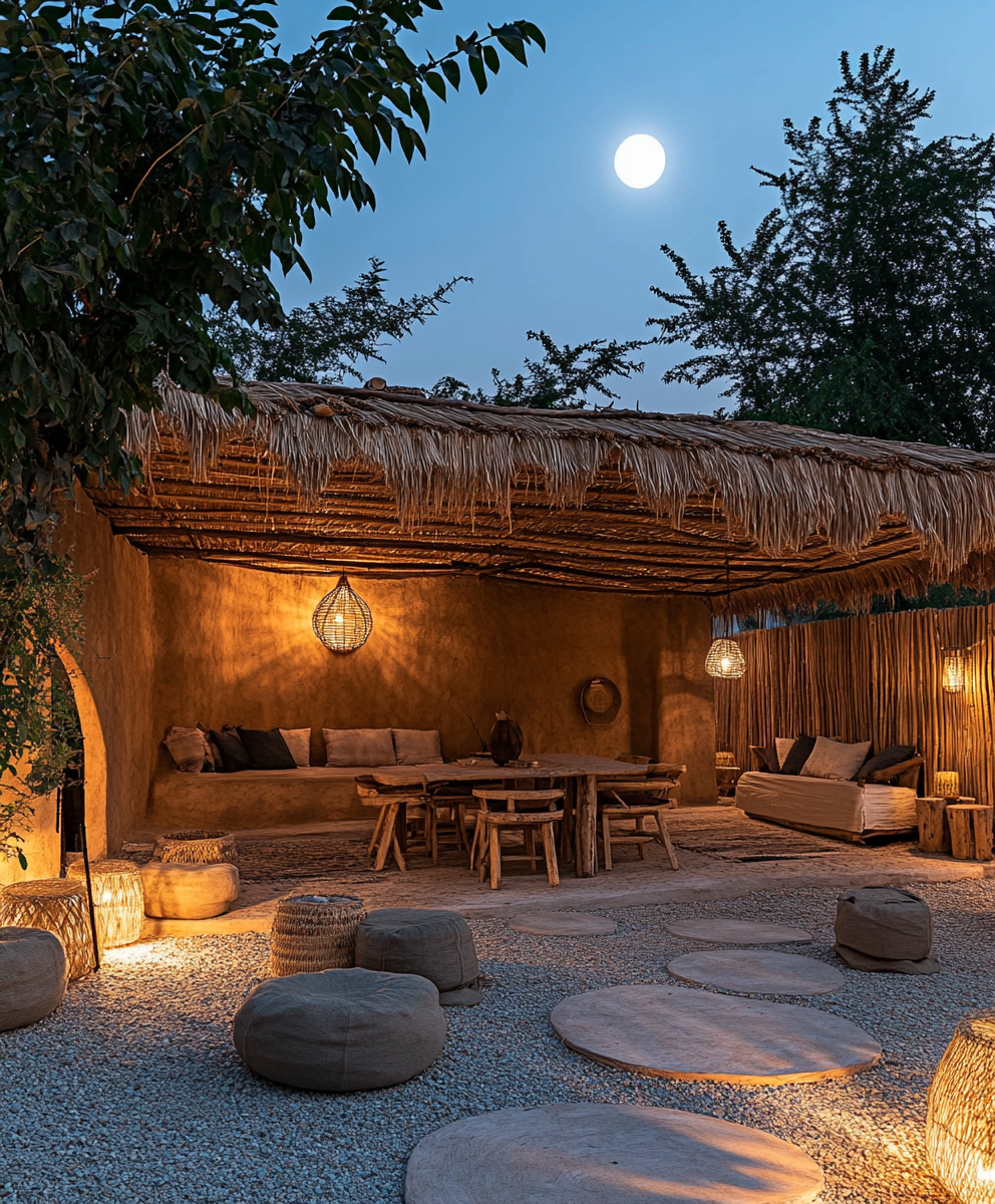 A cozy outdoor hut with straw roof and LED lights