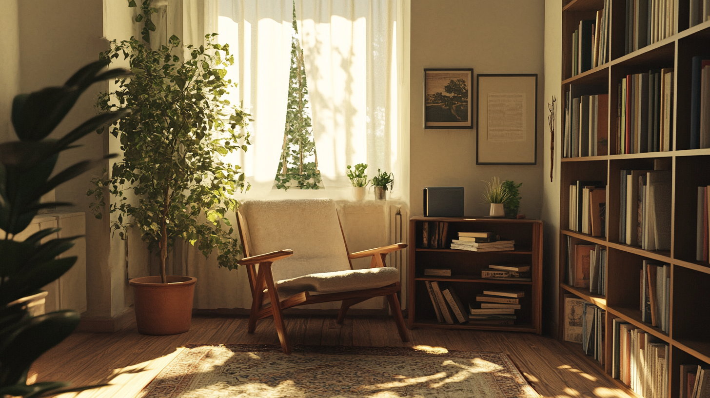 A cozy reading room in a modern apartment.